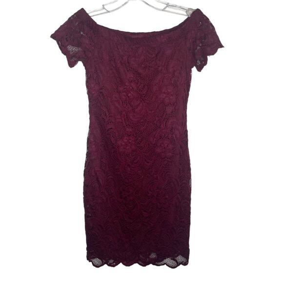 Ambiance Womens Dress Size Small Burgundy Off The Shoulder Lace Mini Short Lined - Picture 1 of 16